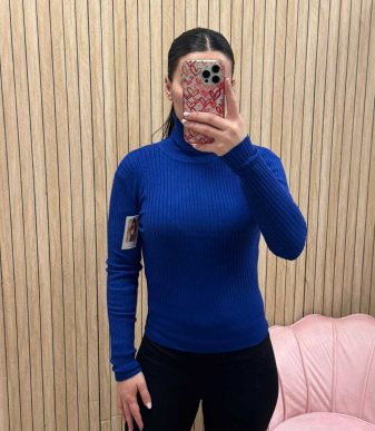 Jersey Canalé Azul de Cuello Alto | Jersey Básico Mujer
