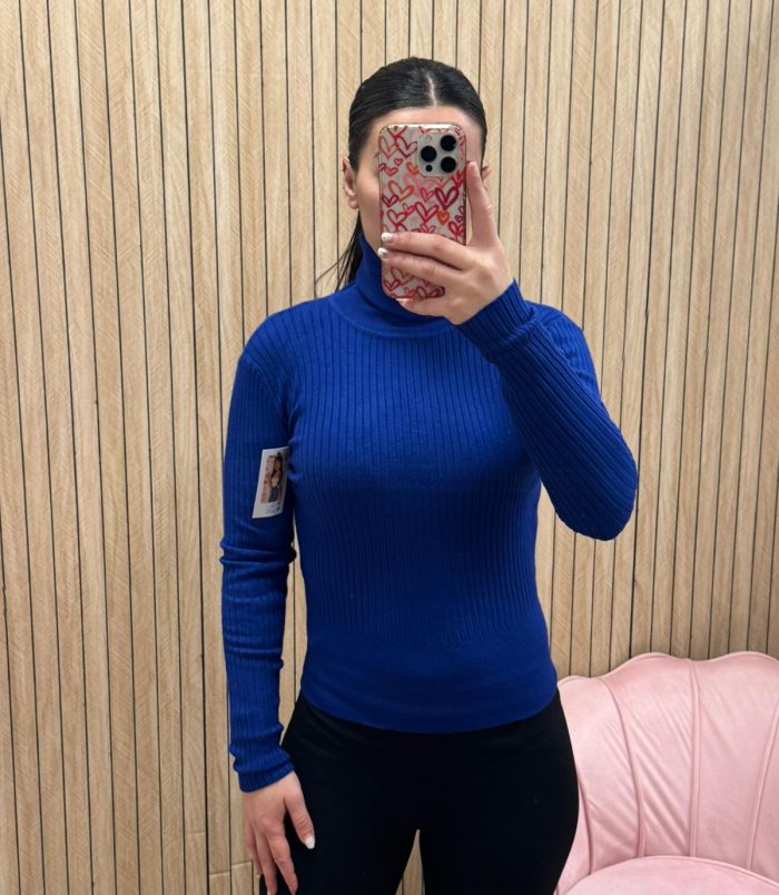 Jersey Canalé Azul de Cuello Alto | Jersey Básico Mujer