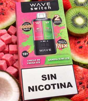 Vaper desechable WAVE Switch sin nicotina con doble sabor chicle de fresa ice y sandía kiwi ice, hasta 40000 puffs, presentado sobre frutas frescas.
