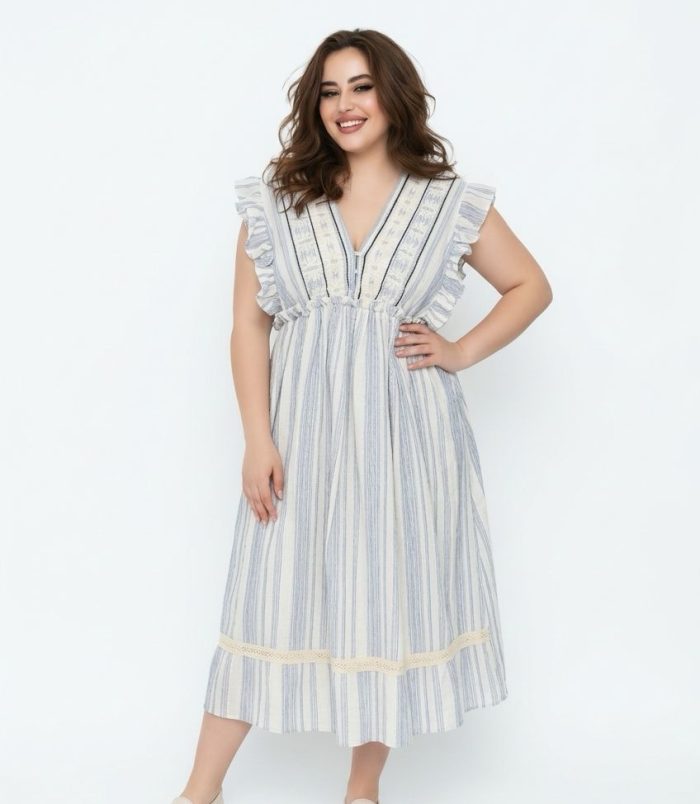 Vestido midi de rayas para mujer con volantes en los hombros y escote en pico, talla única hasta XL.