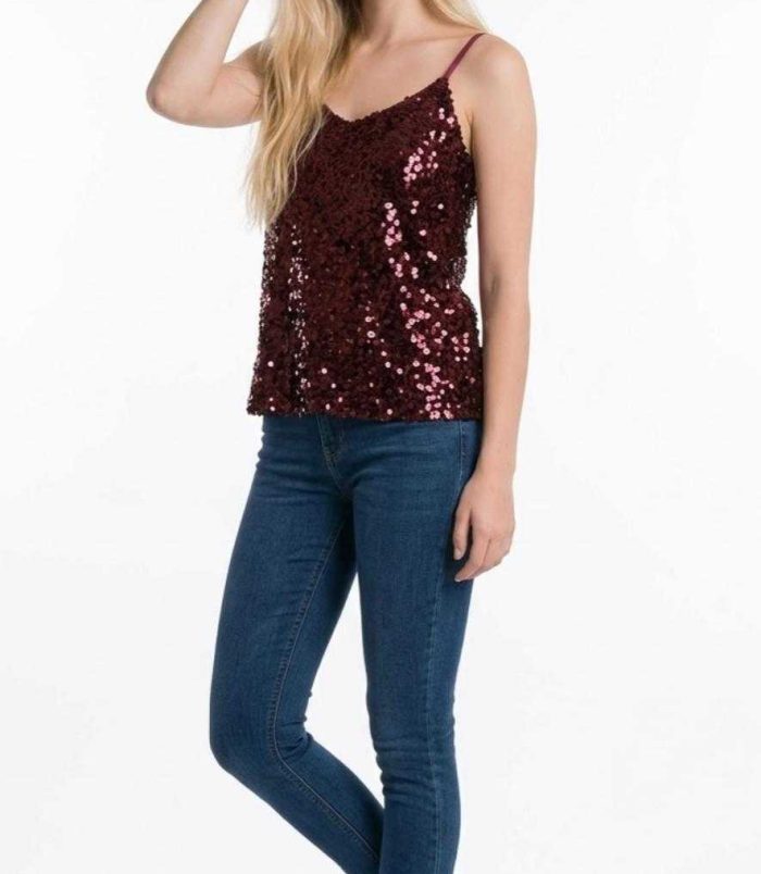 Top de lentejuelas granate para mujer con tirantes finos regulables, ideal para looks de fiesta y eventos.