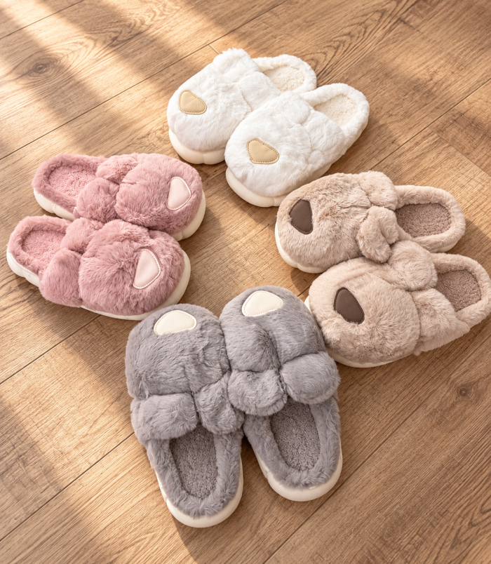 Pantuflas de felpa sobre madera cálida